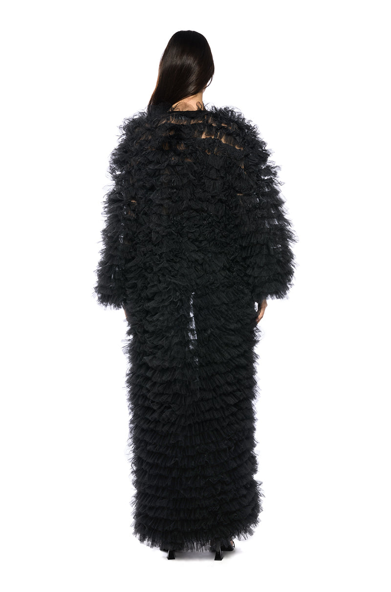 Detail View Take A Bow Avant Garde Ruffle Trench In Black