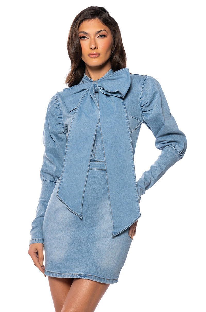TAKE A BOW DENIM LONGSLEEVE MINIDRESS view 0