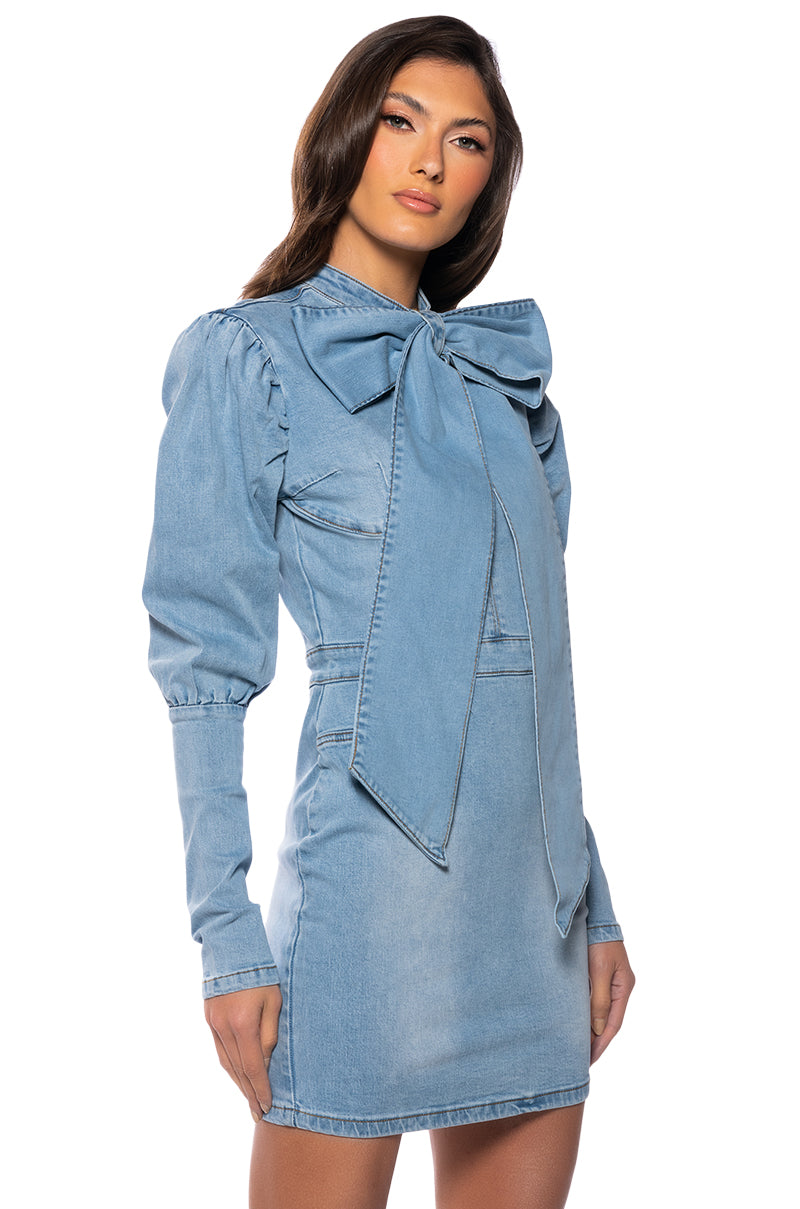 Side View Take A Bow Long Sleeve Denim Mini Dress