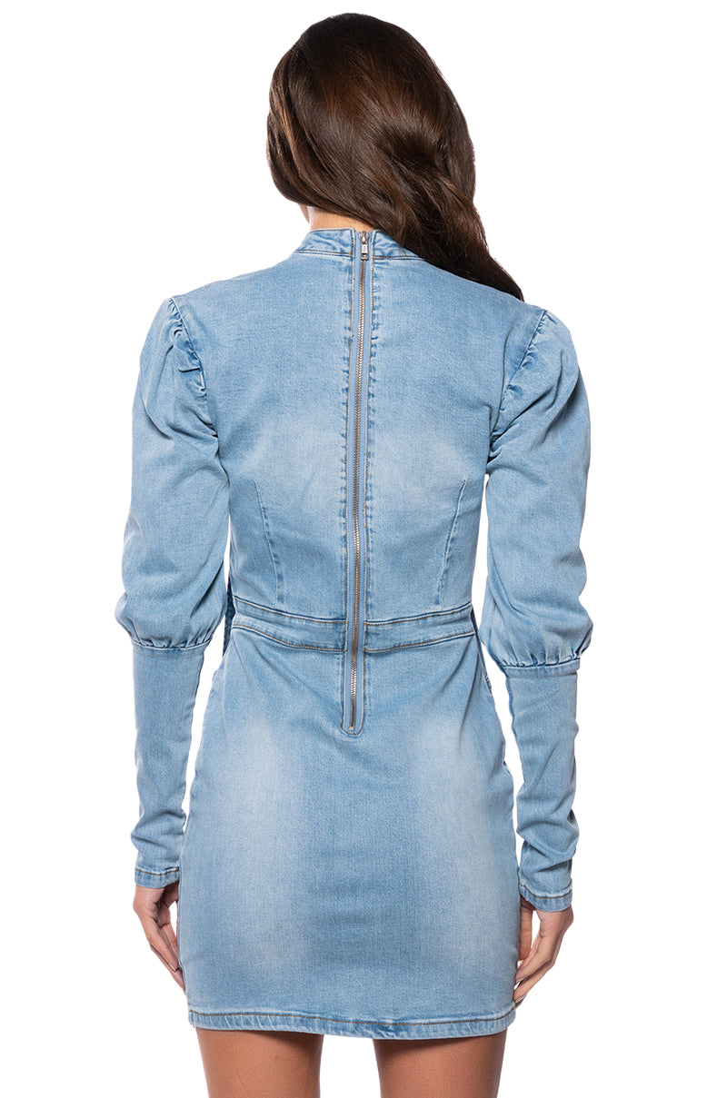 Full View Take A Bow Long Sleeve Denim Mini Dress