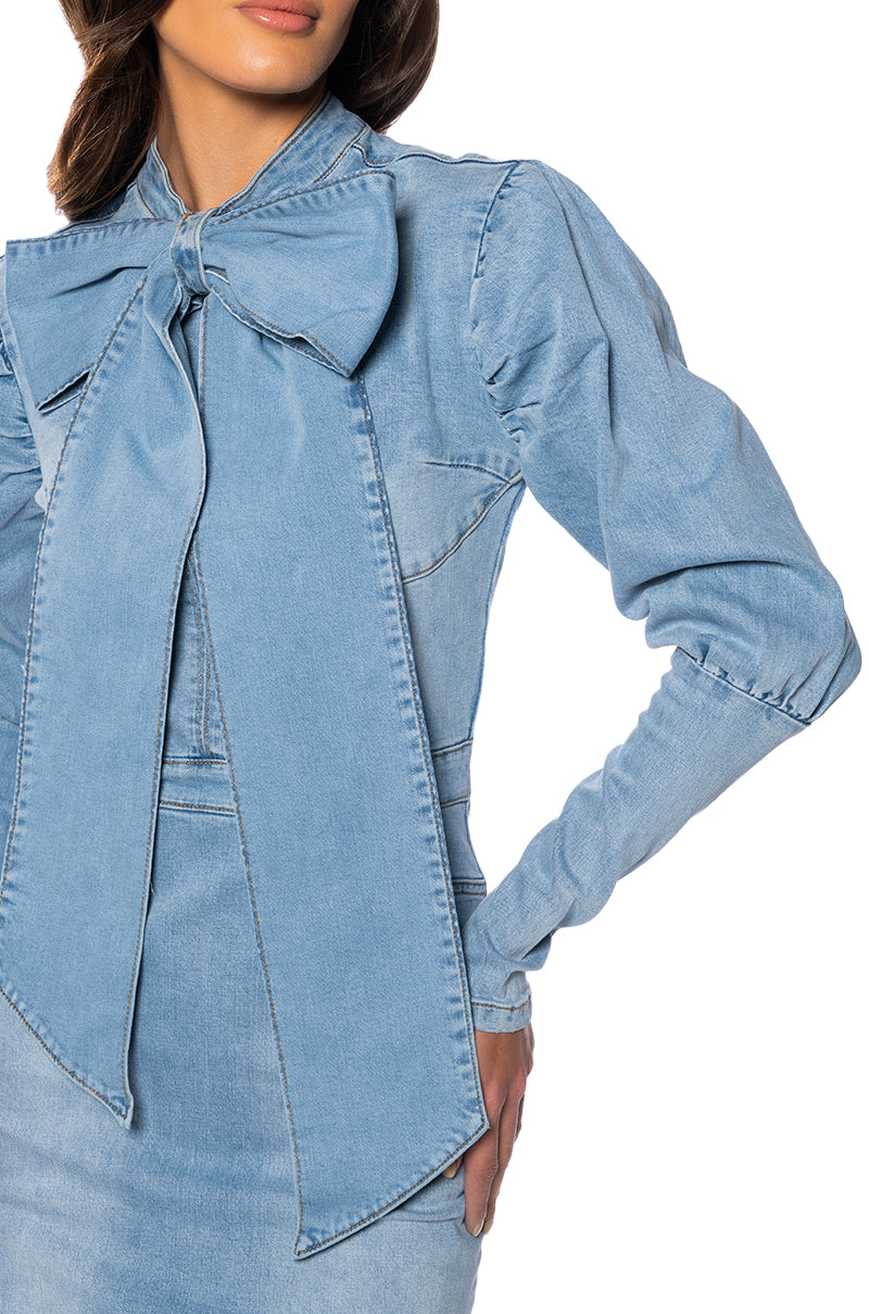 Extra View Take A Bow Long Sleeve Denim Mini Dress
