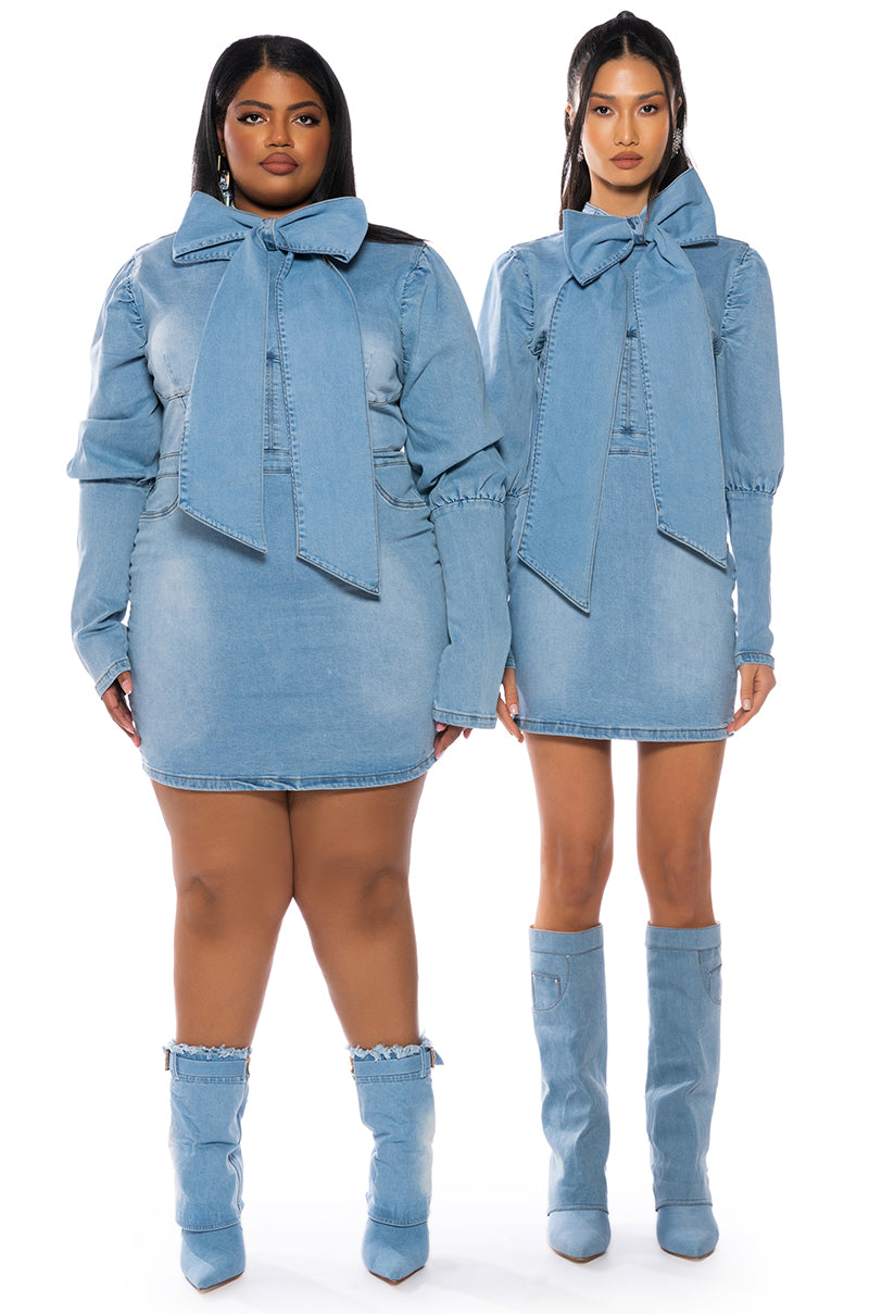 Extra View Take A Bow Long Sleeve Denim Mini Dress