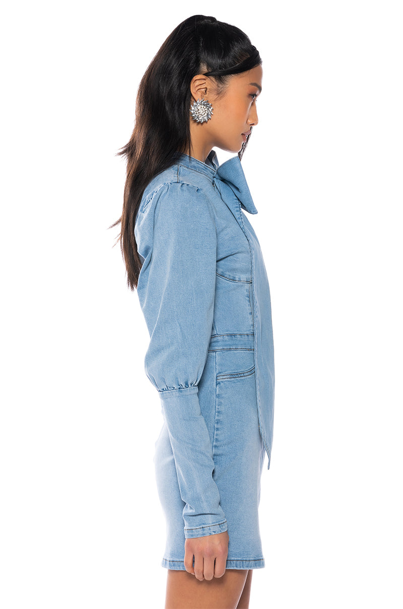 Extra View Take A Bow Long Sleeve Denim Mini Dress