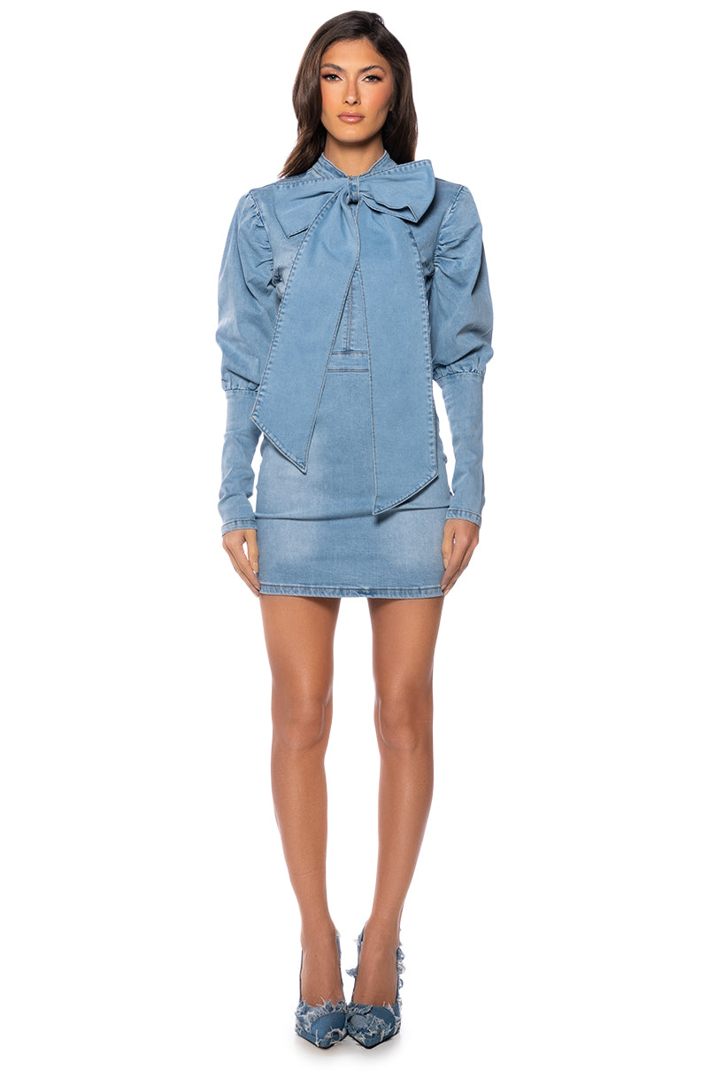 Extra View Take A Bow Long Sleeve Denim Mini Dress
