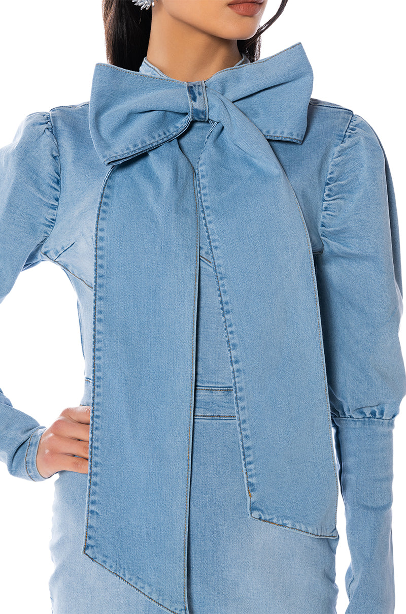 Extra View Take A Bow Long Sleeve Denim Mini Dress