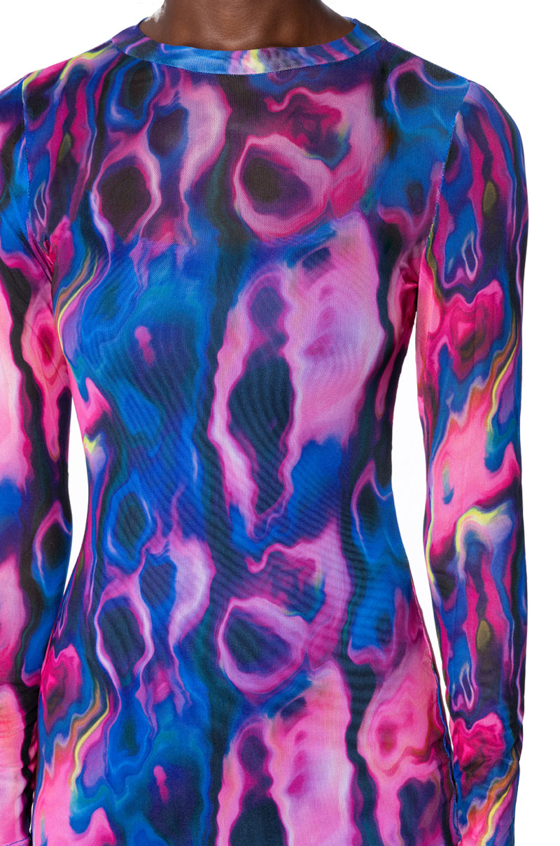 Detail View Take A Risk Printed Mesh Maxi Dress