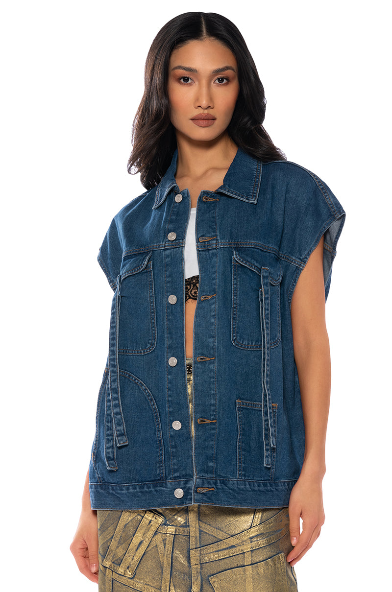 Front View Take A Walk Oversized Denim Vest