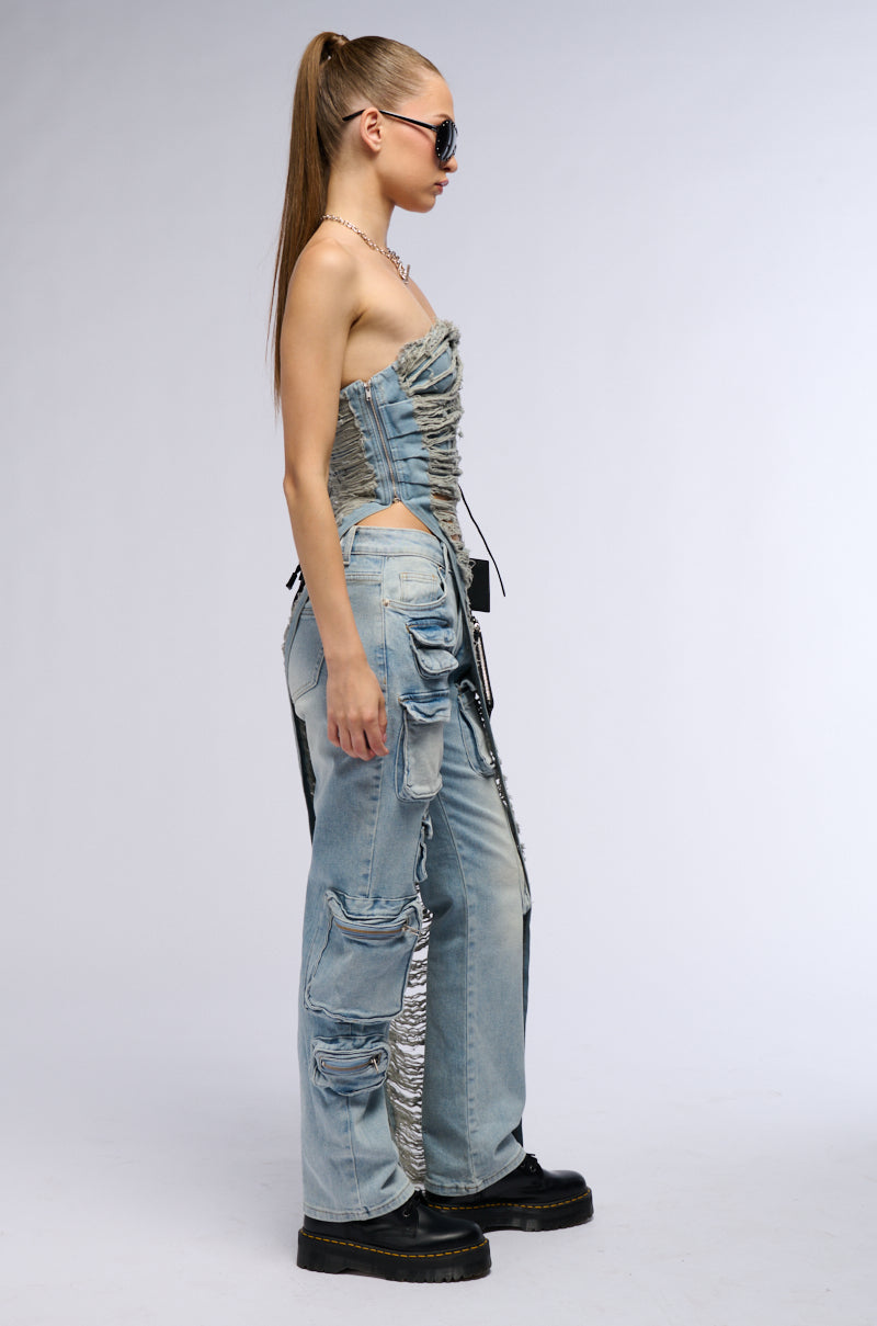 Full View Take Me Down Distressed Denim Top