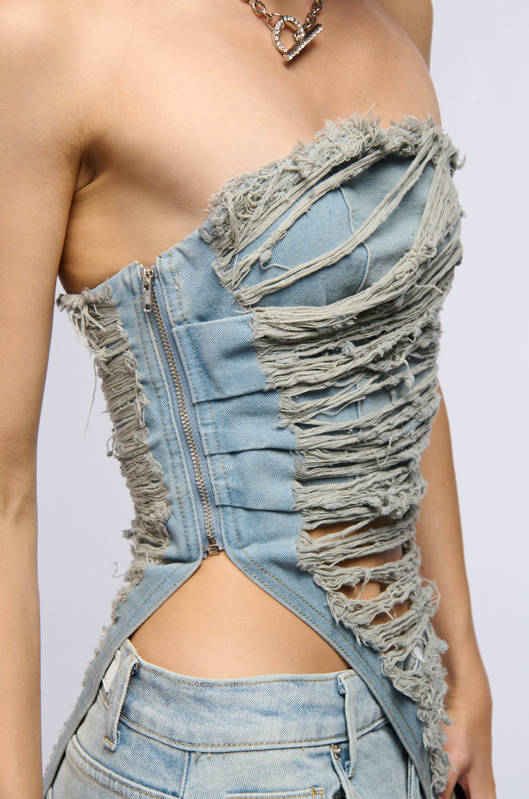 TAKE ME DOWN DISTRESSED DENIM TOP – AKIRA