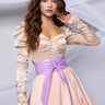 Front View Taking Names Ruched Sleeve Corset Blouse in Beige
