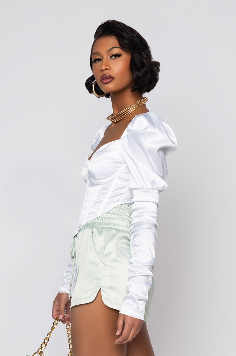 Side View Taking Names Ruched Sleeve Corset Blouse in White