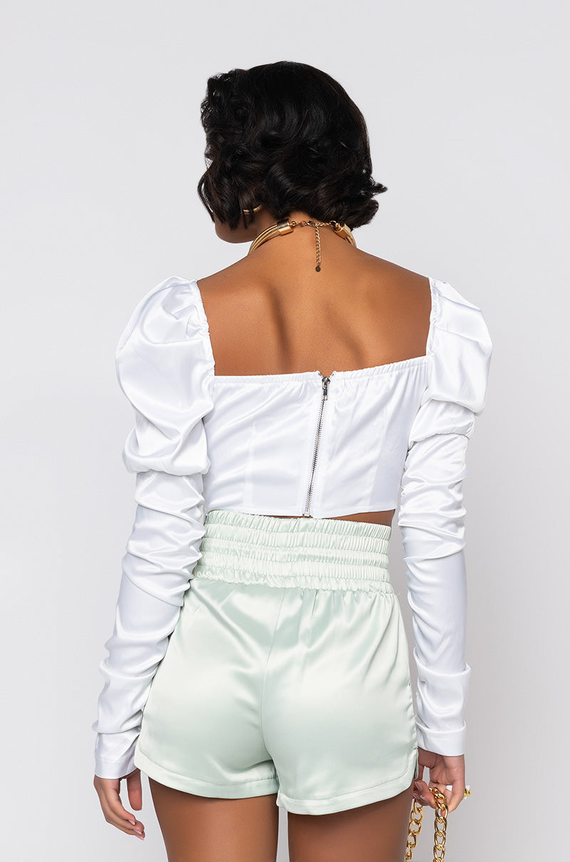 Back View Taking Names Ruched Sleeve Corset Blouse in White