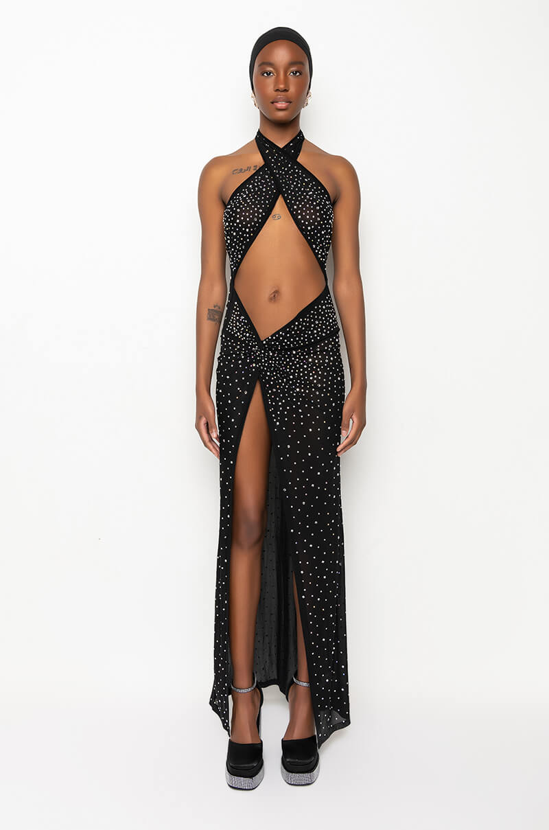 TALK ABOUT IT HIGH SLIT RHINESTONE MESH MAXI DRESS AKIRA TALK ABOUT IT HIGH SLIT RHINESTONE MESH MAXI DRESS AKIRA