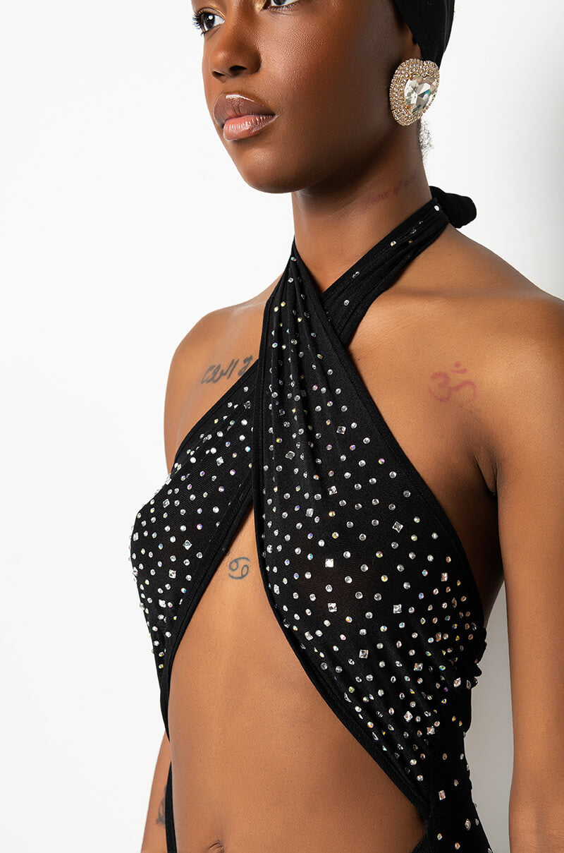 beka mesh and heat stone high slit dress Windsor Beka Mesh And Heat Stone High Slit Dress