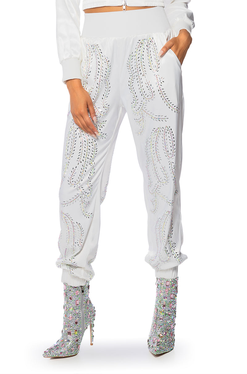 Front View Talk Fast Embellished Satin Jogger