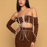 Front View Talk To Me Contrast Trim Off The Shoulder Mini Dress in Brown