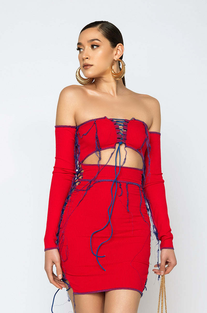 Front View Talk To Me Contrast Trim Off The Shoulder Mini Dress in Red Multi