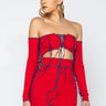 Front View Talk To Me Contrast Trim Off The Shoulder Mini Dress in Red Multi