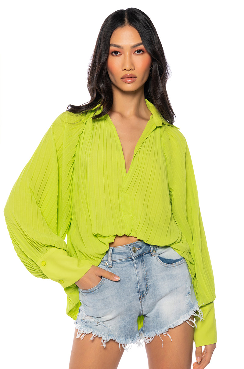 Front View Talk To Me Pleated Long Sleeve Blouse 0