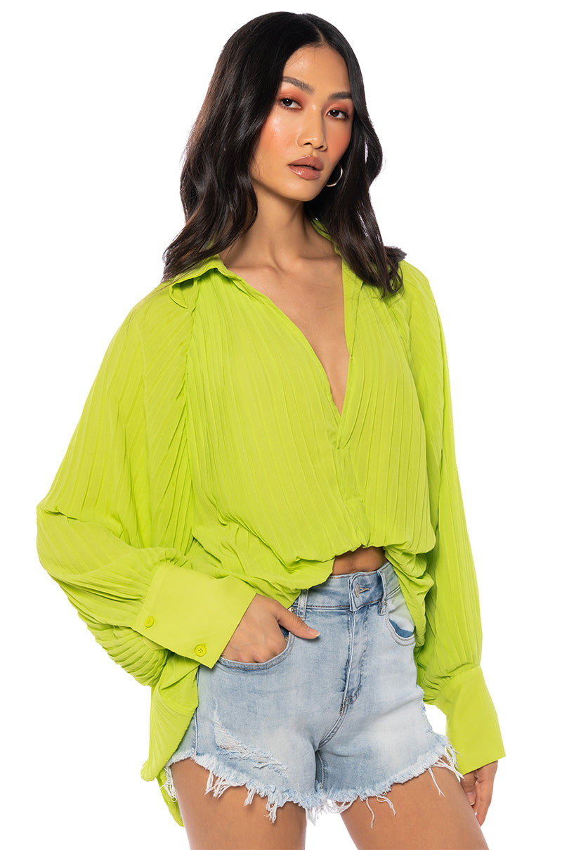 Side View Talk To Me Pleated Long Sleeve Blouse 1