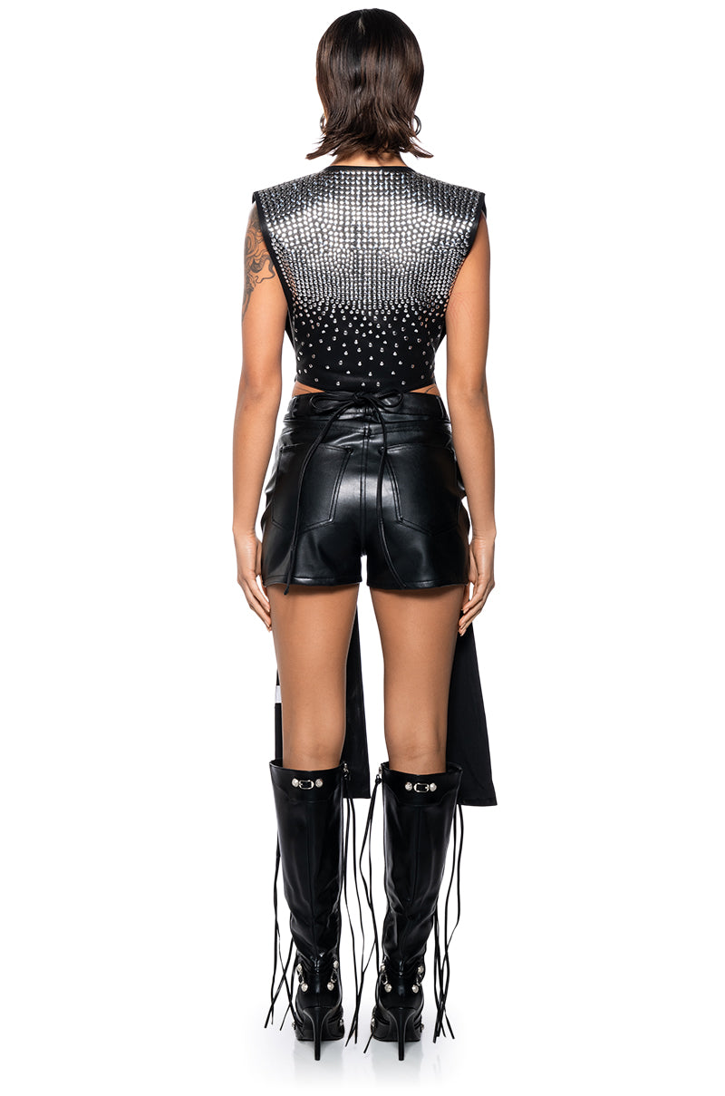 Detail View Talk To Me Stud Draped Faux Leather Vest