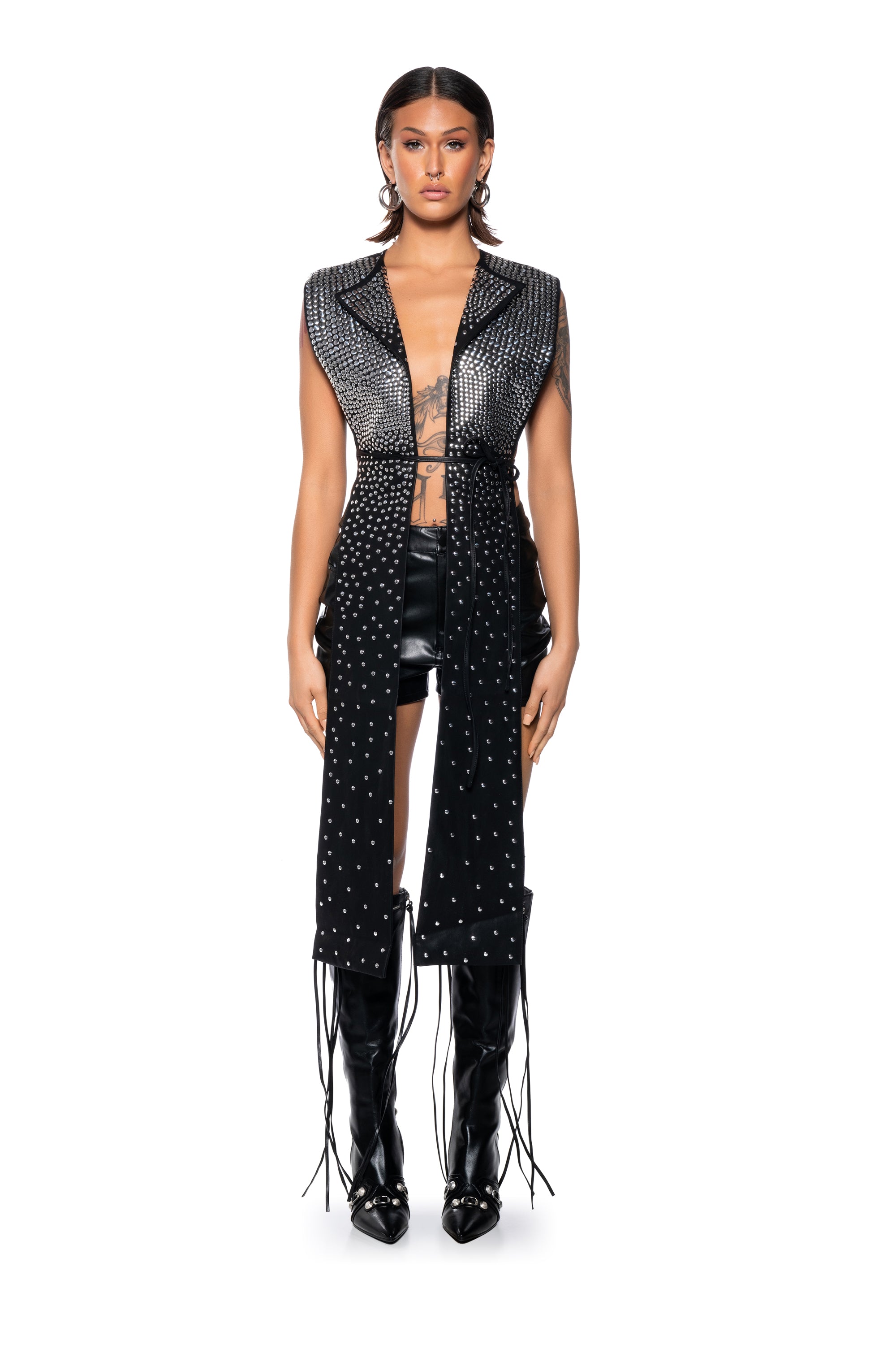 Extra View Talk To Me Stud Draped Faux Leather Vest