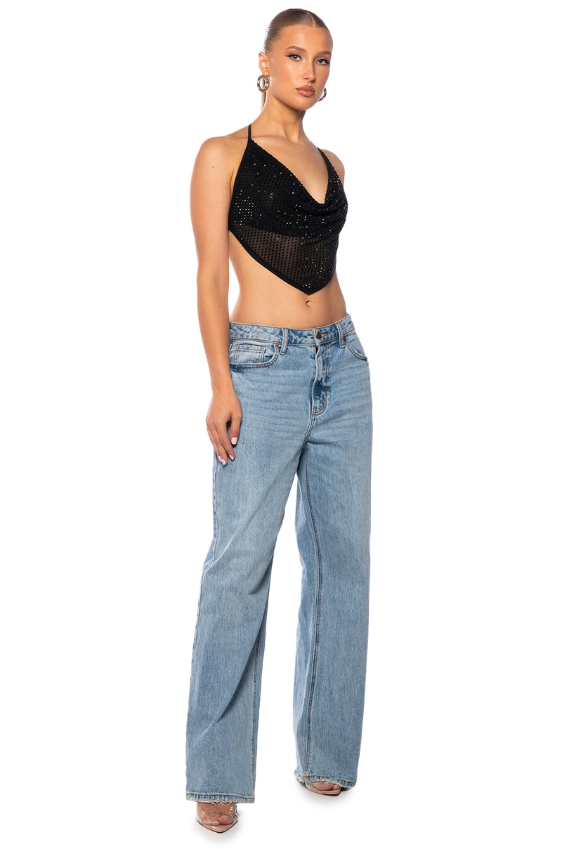 Side View Tamera Rhinestone Mesh Top In Black Silver 1