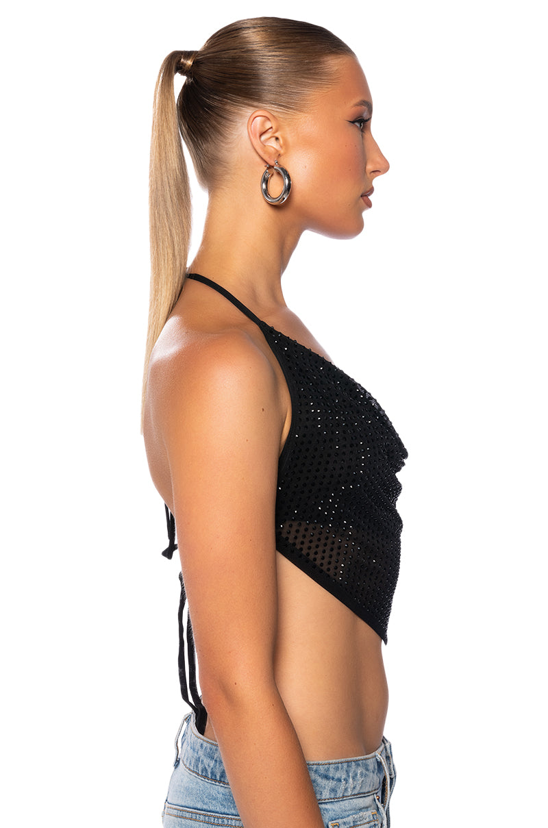 Back View Tamera Rhinestone Mesh Top In Black Silver 2