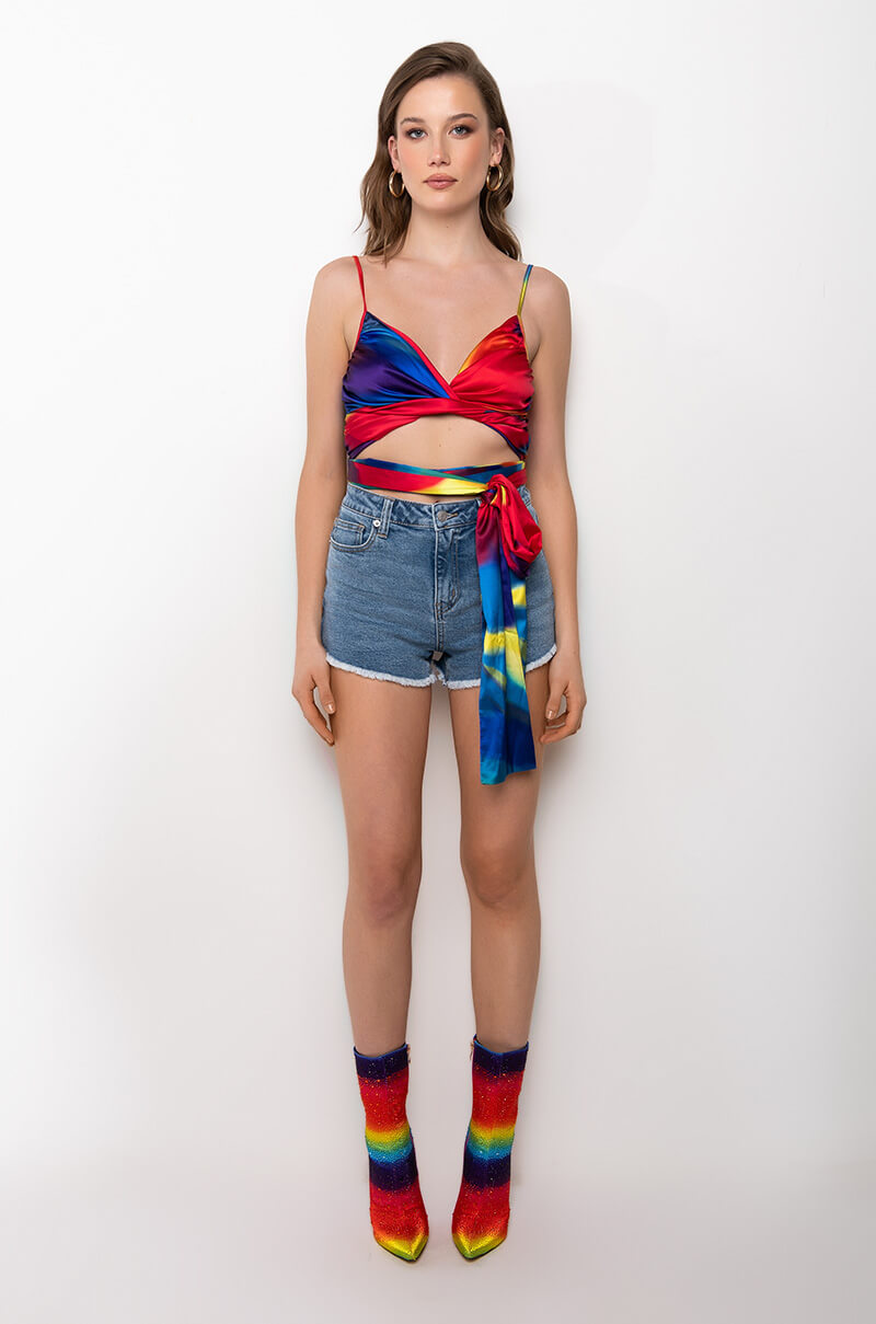 Extra View Taste The Rainbow Wrap Front Sleeveless Satin Blouse