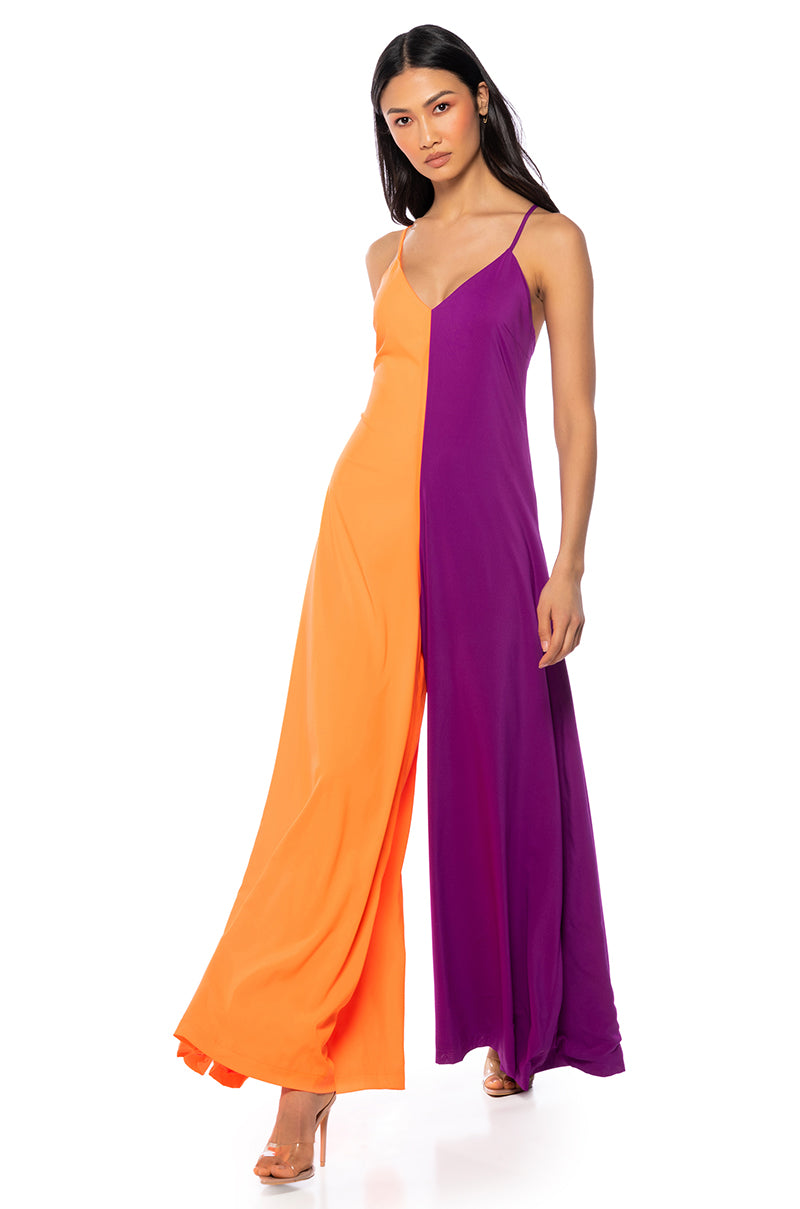 Front View Tatiana Color Blocked Sleeveless Jumpsuit In Purple Multi view 1