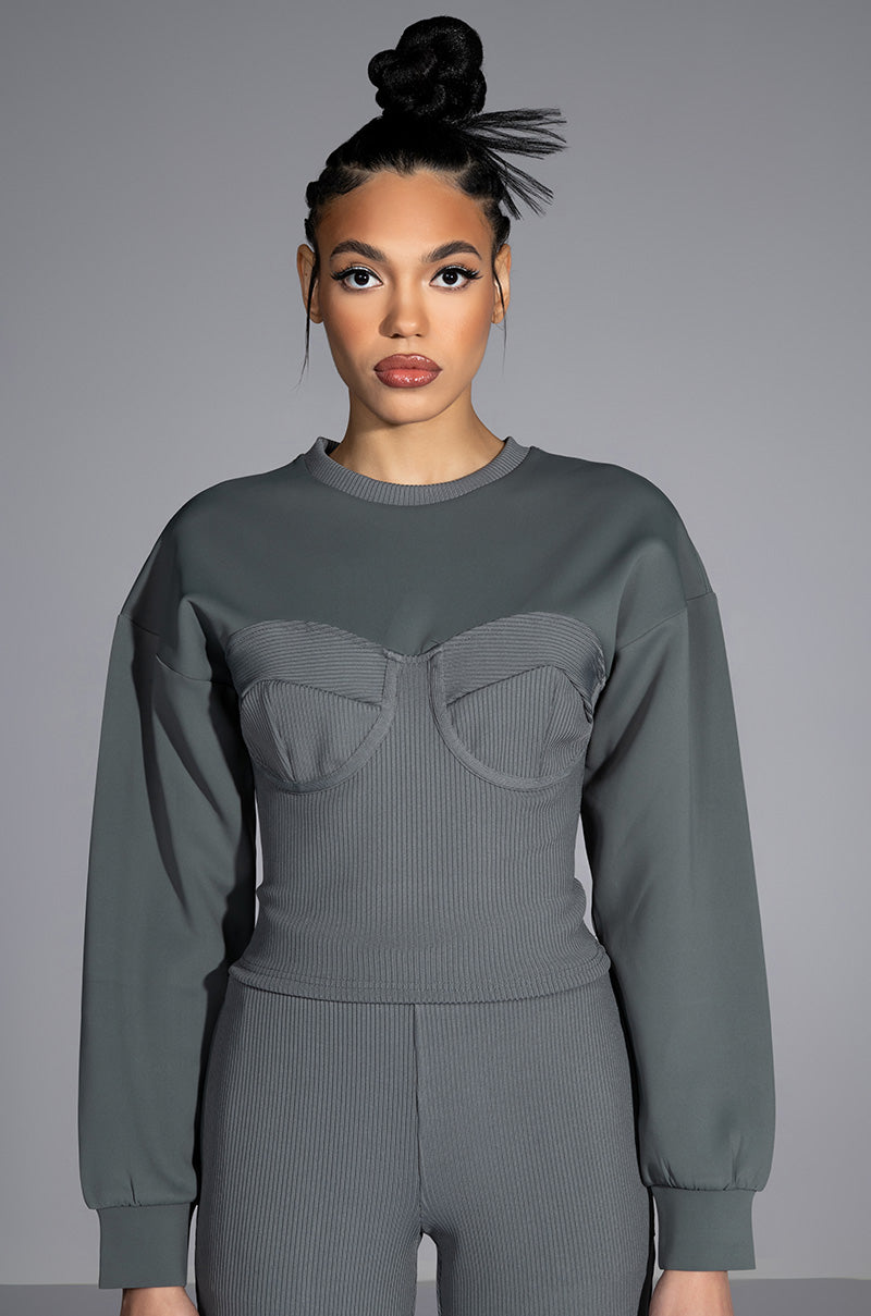 Front View Tatum Structured Fit Crewneck Corset Sweatshirt