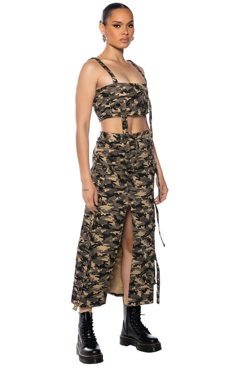 Side View Taylor Camo Cargo Maxi Skirt