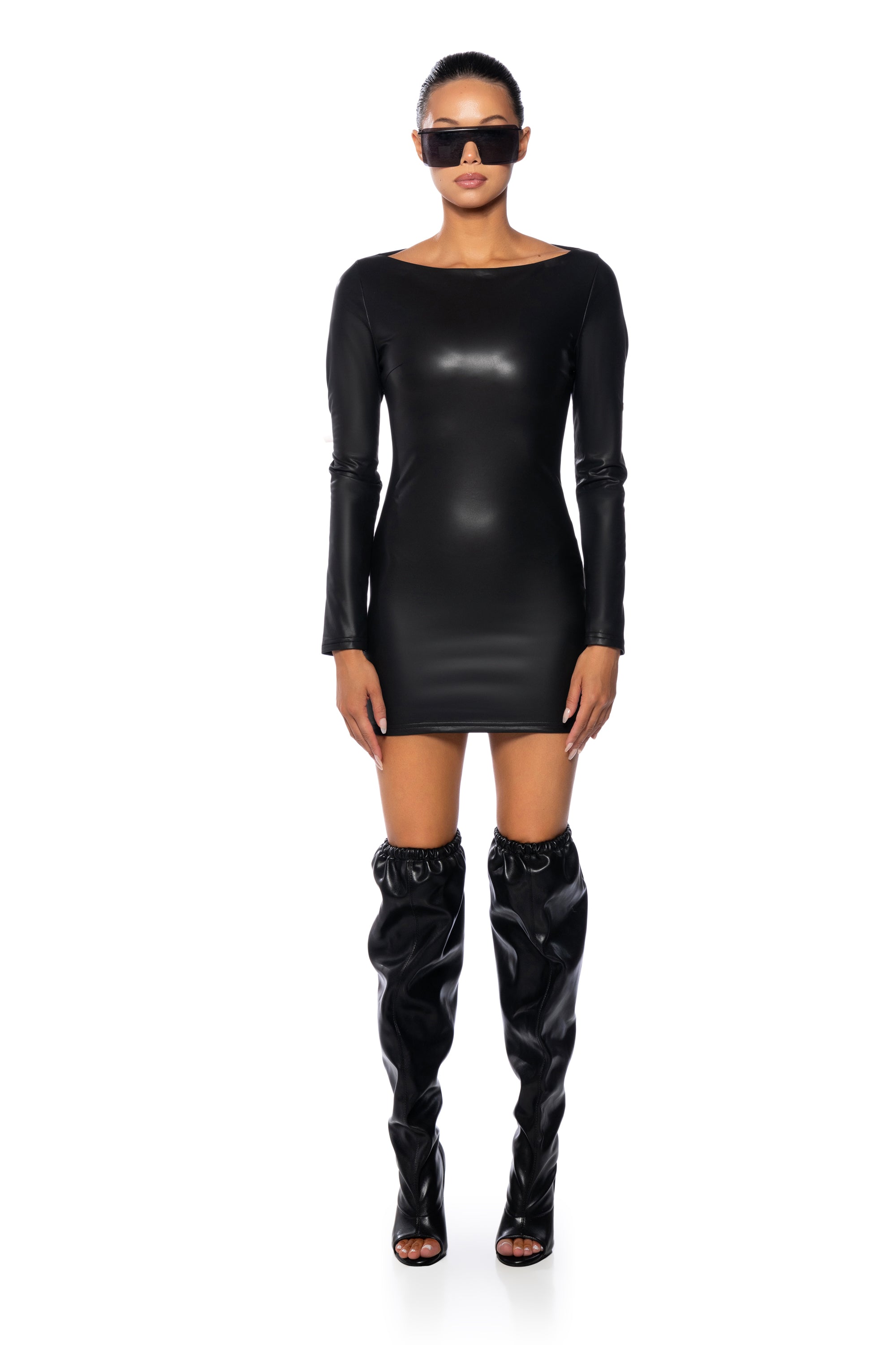 Extra View Taylor Long Sleeve Faux Leather Mini Dress