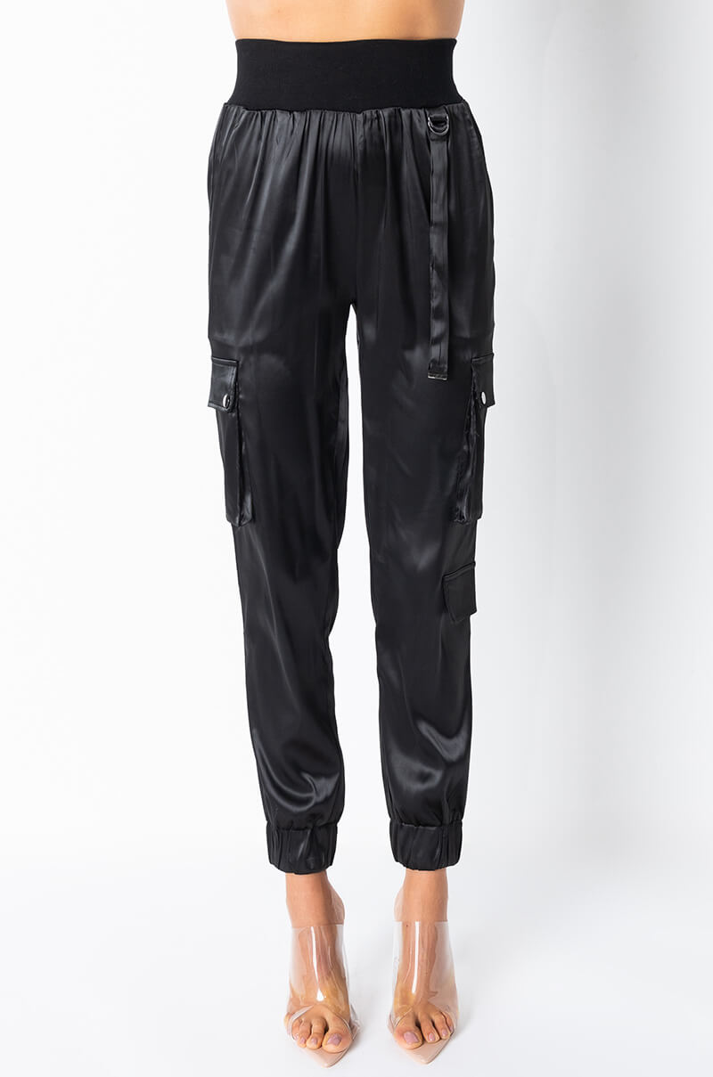 Front View Taylor Satin Jogger in Black