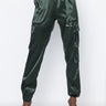 Front View Taylor Satin Jogger in Olive