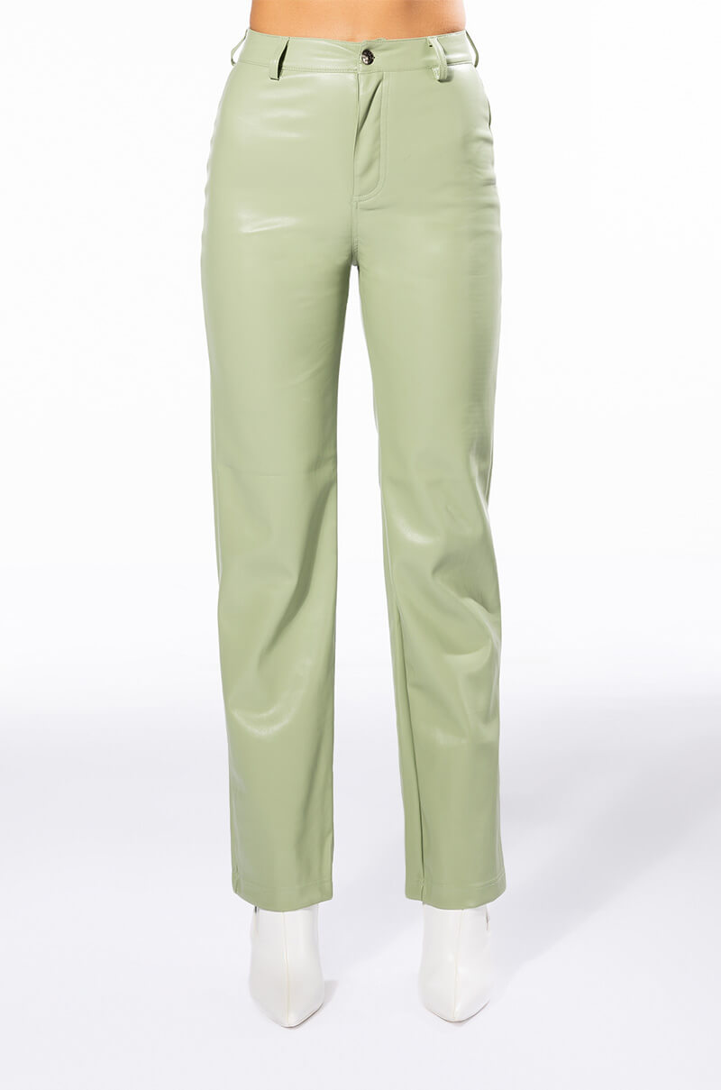 Back View Te Quiero High Rise Vegan Leather Straight Leg Pants In Mint