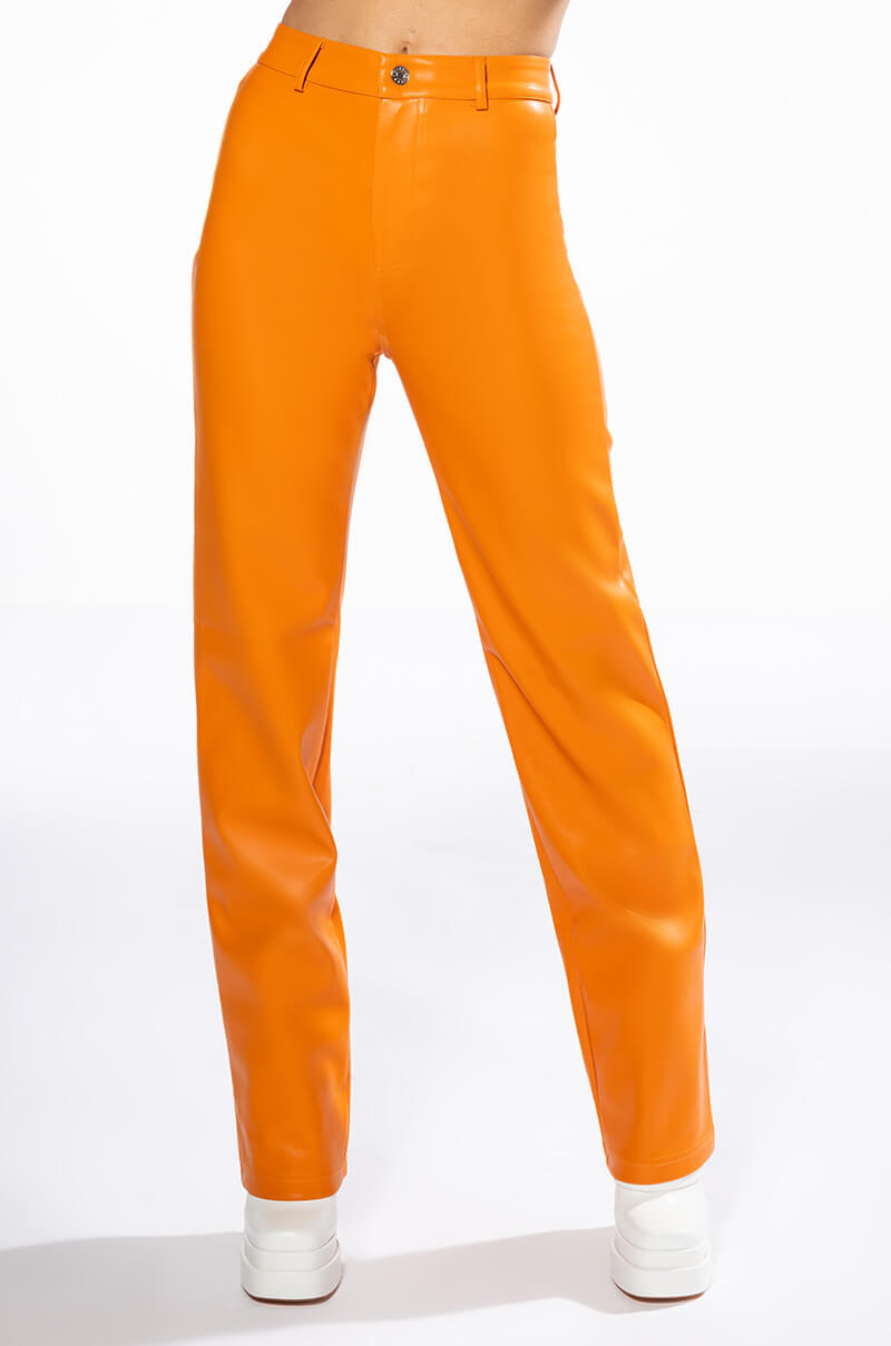 Full View Te Quiero High Rise Vegan Leather Straight Leg Pants In Orange