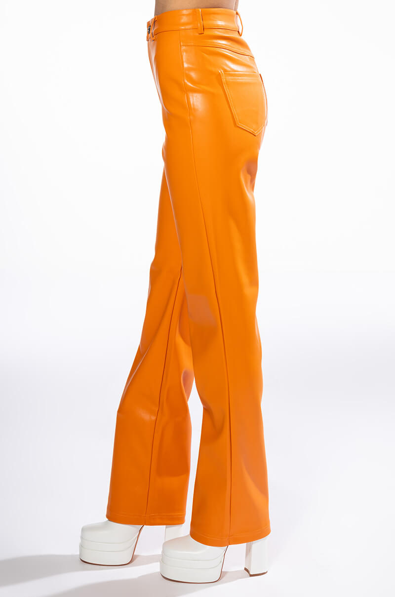 Extra View Te Quiero High Rise Vegan Leather Straight Leg Pants In Orange