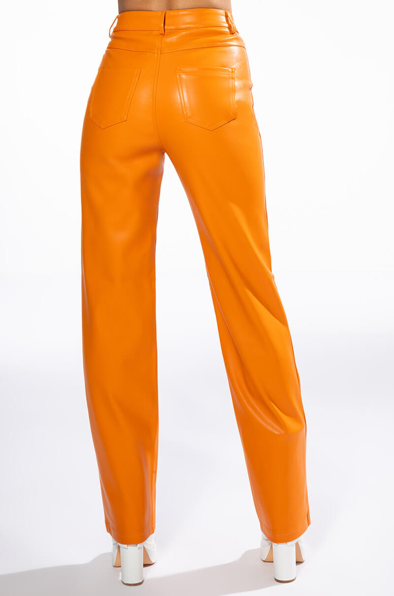 Extra View Te Quiero High Rise Vegan Leather Straight Leg Pants In Orange