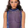 Front View Tears In The Club Open Sides Mock Neck Rhinestone Mesh Blouse In Blue