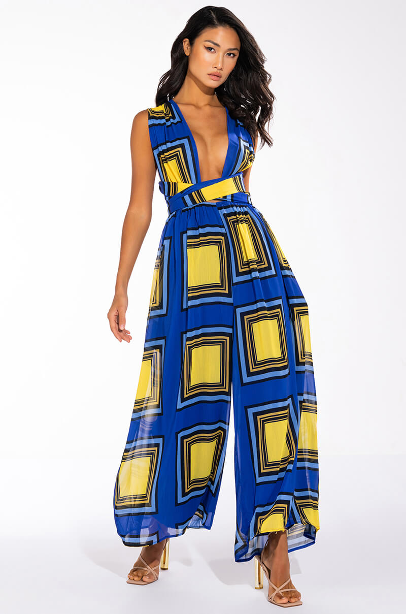 Side View Technicolor Dream Halter Top Wide Leg Jumpsuit