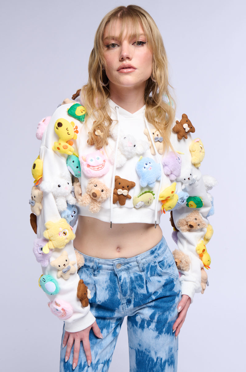 Side View Teddy Bear Girl Cropped Applique Sweatshirt