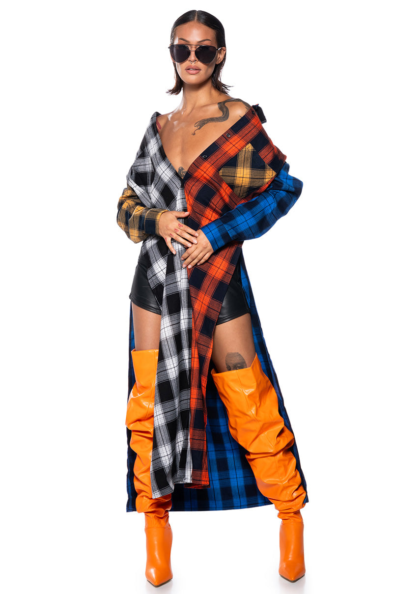 Front View Teen Spirit Ultra Long Patchwork Plaid Button Down