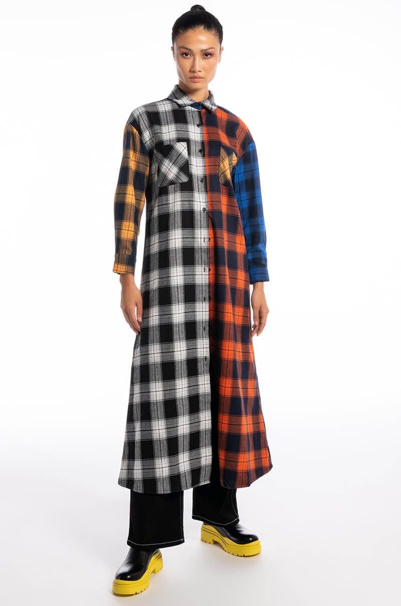 Back View Teen Spirit Ultra Long Plaid Button Down