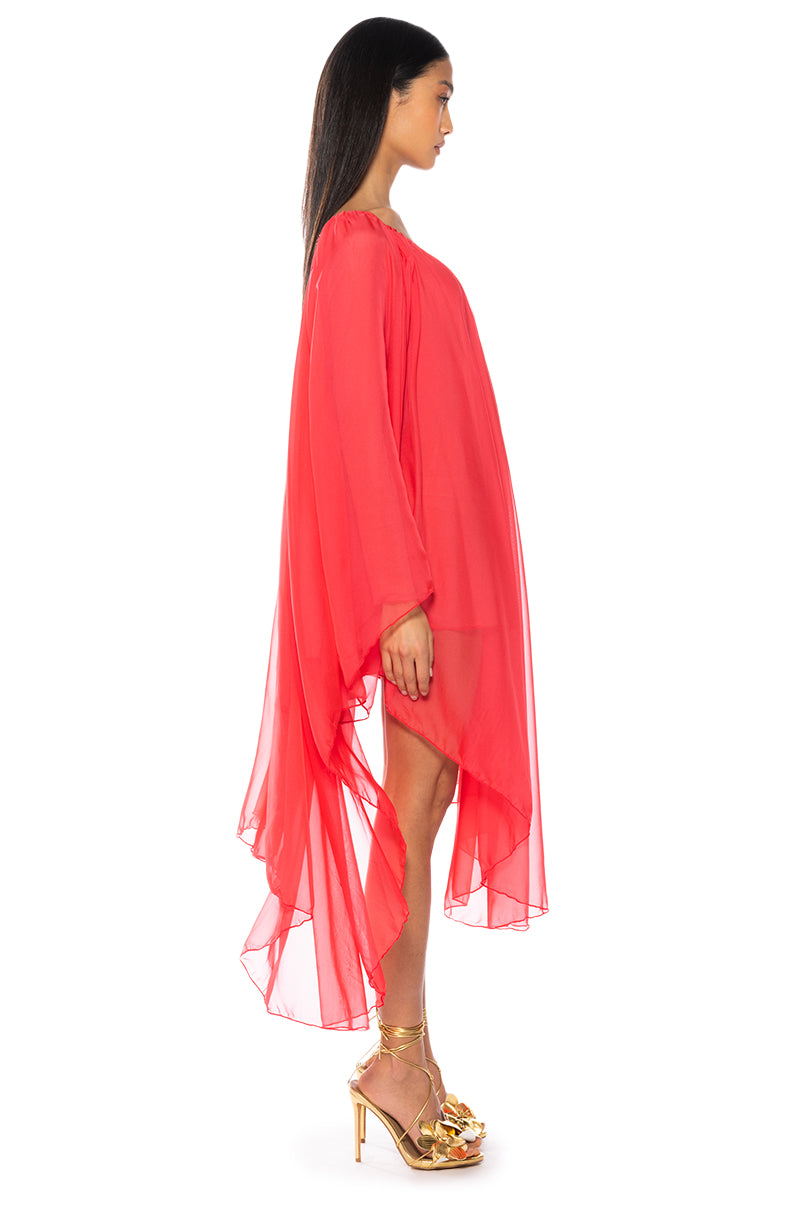 Side View Terra One Shoulder Flowy Midi Dress In Red