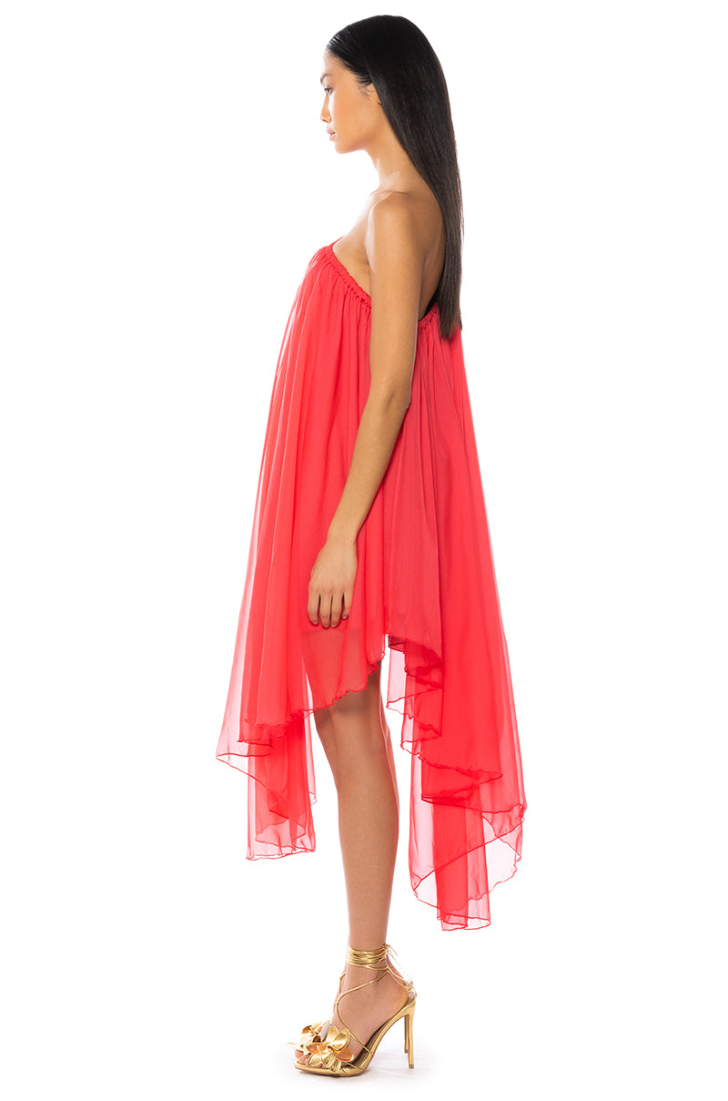 Back View Terra One Shoulder Flowy Midi Dress In Red