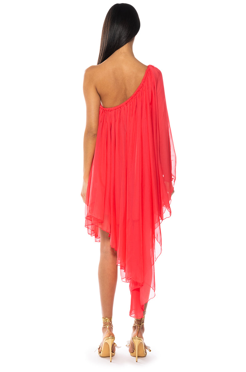 Detail View Terra One Shoulder Flowy Midi Dress In Red