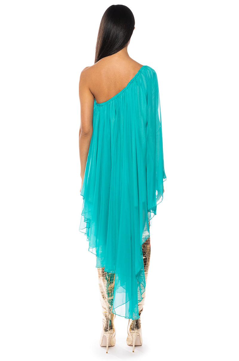 Full View Terra One Shoulder Flowy Midi Dress In Teal