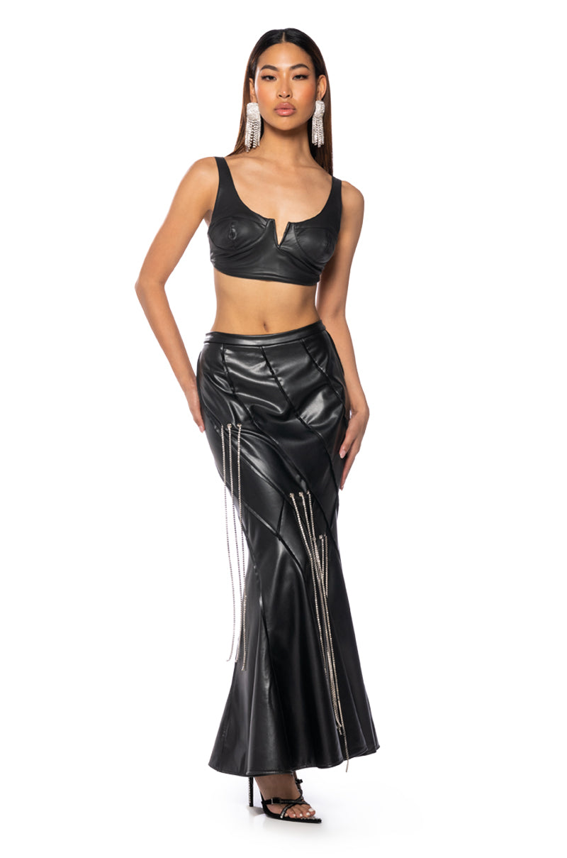 Back View Tess Embellished Faux Leather Maxi Skirt