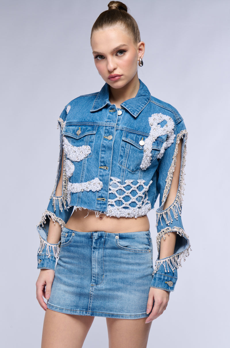 TEXAS BOUND RHINESTONE FRINGE PEARL CROP DENIM JACKET WITH CUT OUT SLEEVE view 0